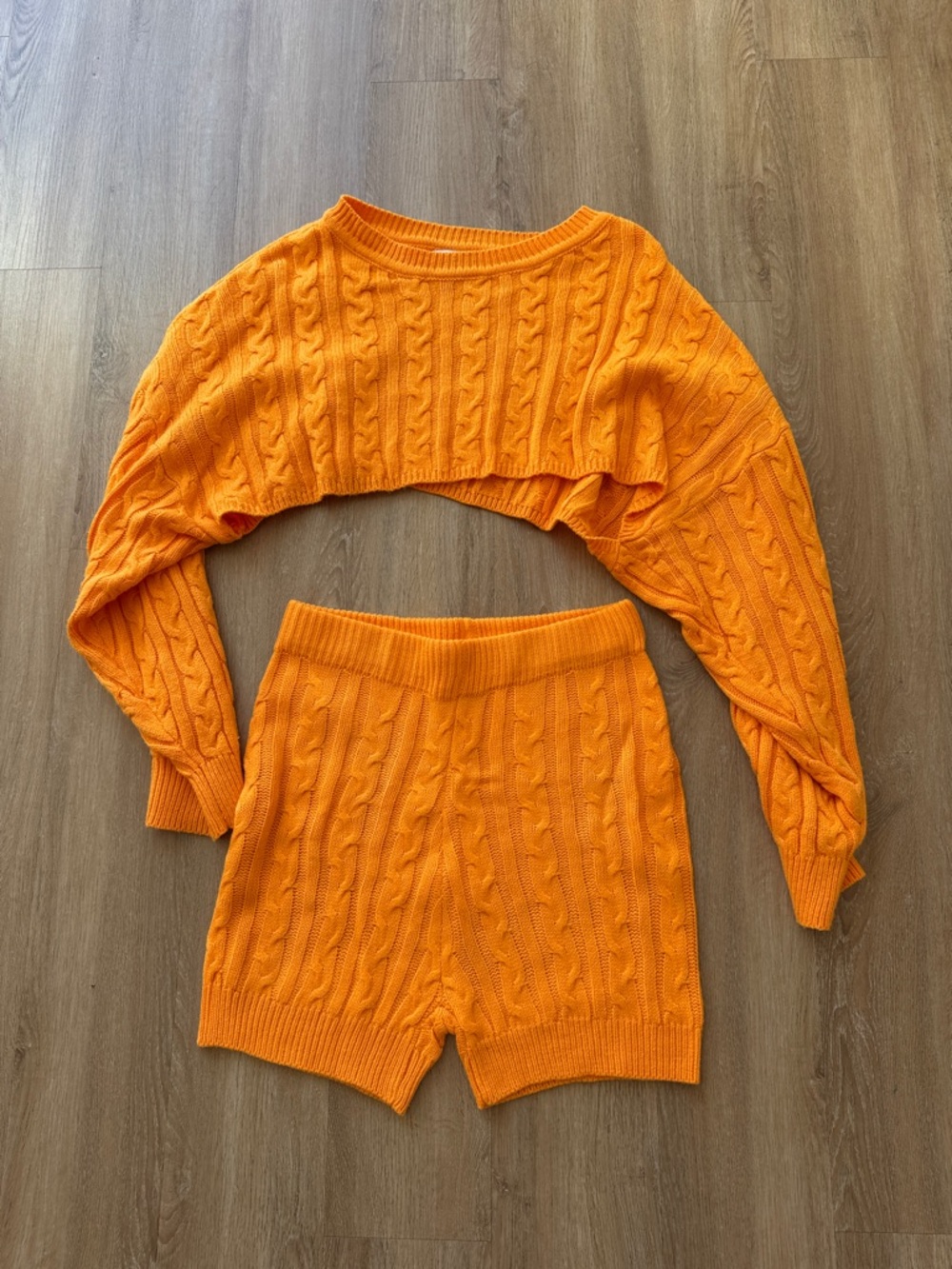 Fashion Nova Bright Orange Cable Knit Crop Sweater & Shorts Set